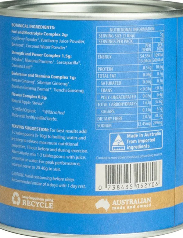 Back of the Eden Healthfoods Energy Shot Pre-Workout tin showing its fuel, strength and stamina complexes