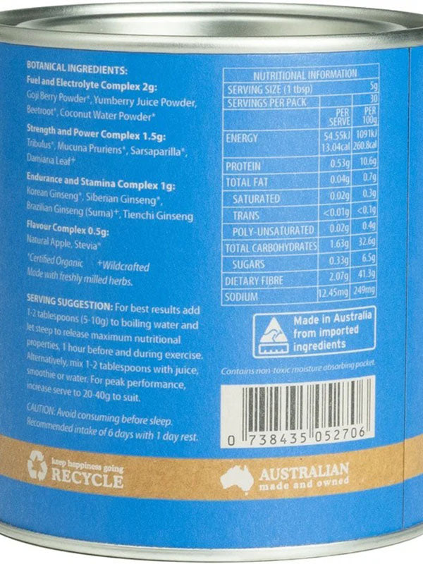 Back of the Eden Healthfoods Energy Shot Pre-Workout tin showing its fuel, strength and stamina complexes