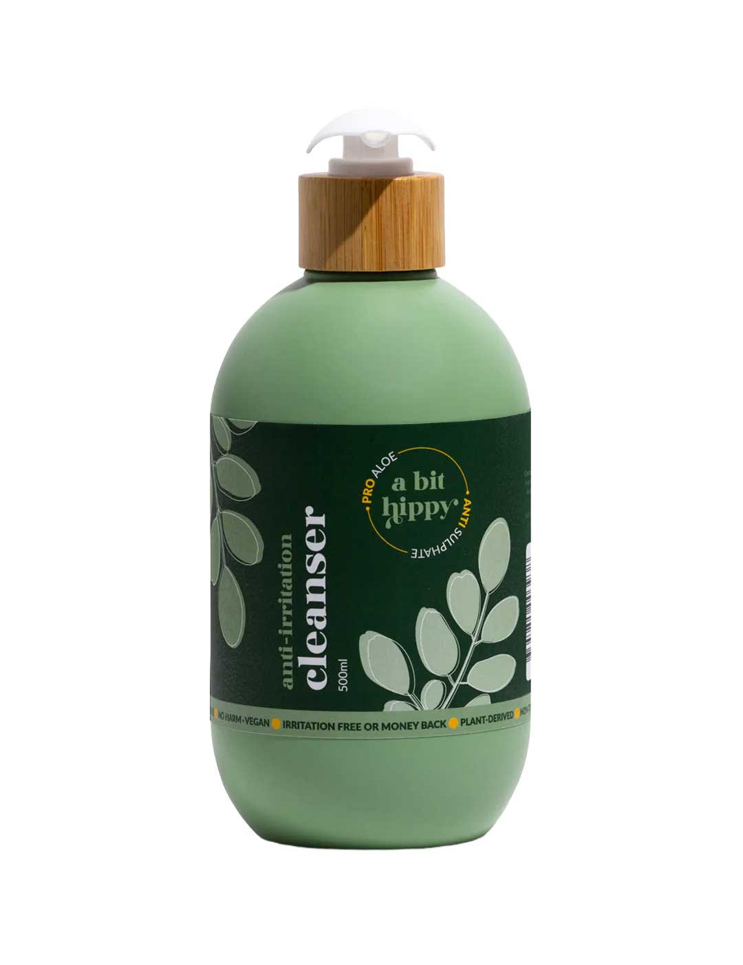 A Bit Hippy Face & Body Cleanser 500ml comes in a green bottle with a bamboo-style pump. This plant-based, sulphate-free face wash features pro aloe and offers an irritation-free or money-back guarantee.