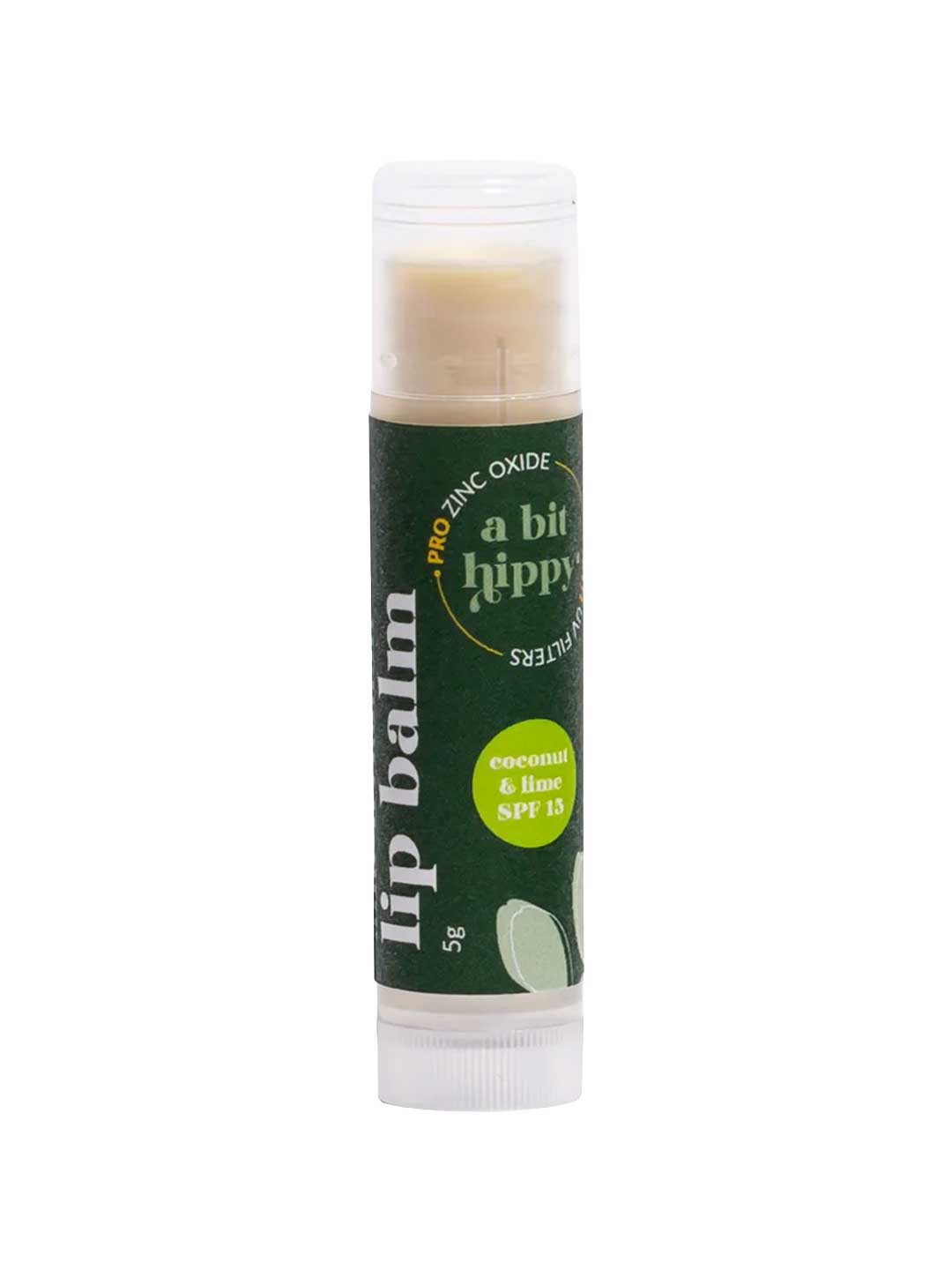 A Bit Hippy Coconut & Lime Lip Balm SPF 15 (5g) comes in a clear plastic tube with a green label featuring white and yellow text. This vegan lip balm contains pro-zinc oxide for protection and is easy to use on the go.