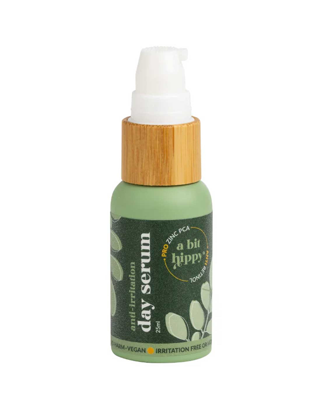 A Bit Hippy Day Serum 25ml is a green bottle with a bamboo cap and white pump, featuring natural, vegan labels—ideal for sensitive skin.