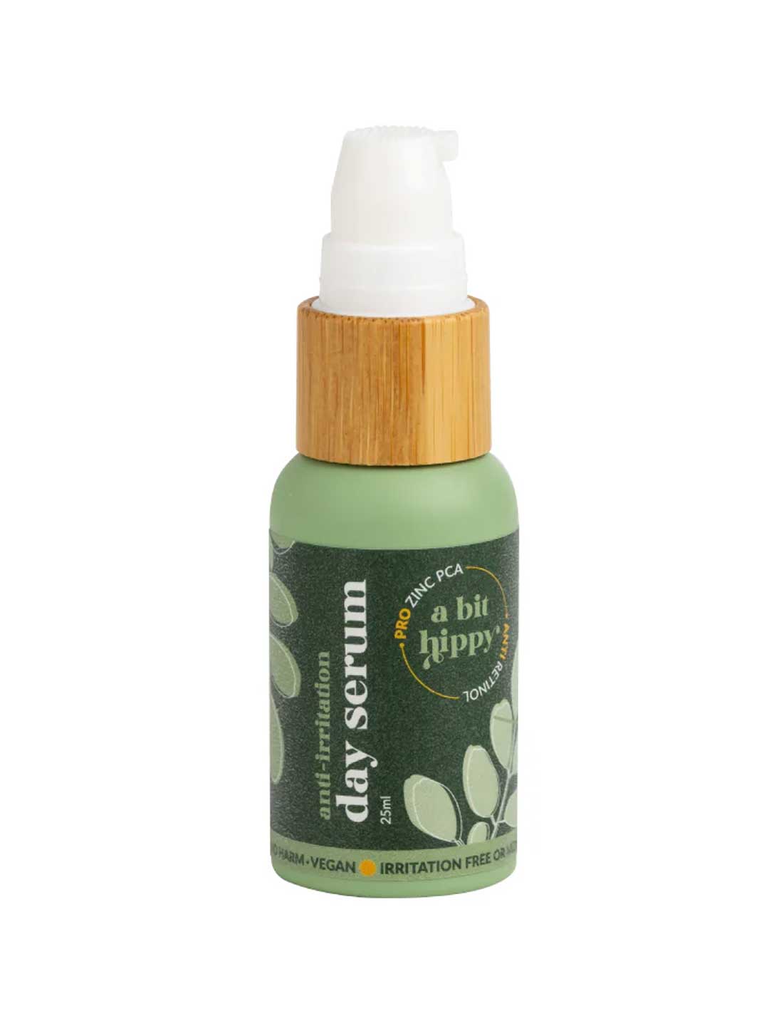 A Bit Hippy Day Serum 25ml is a green bottle with a bamboo cap and white pump, featuring natural, vegan labels—ideal for sensitive skin.