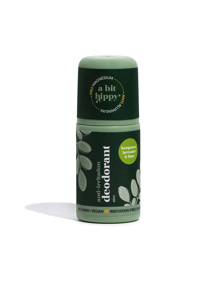 Green deodorant stick with 'a bit hippy' branding on a white background