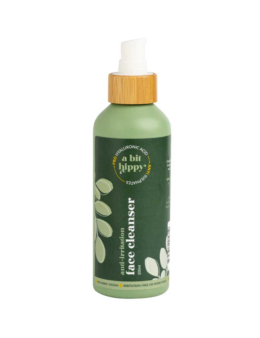 A Bit Hippy Face Cleanser 200ml by A Bit Hippy is a green bottle oil cleanser with a bamboo pump and leaf design. It features hyaluronic acid, is vegan, irritation-free, and ideal for double cleansing.