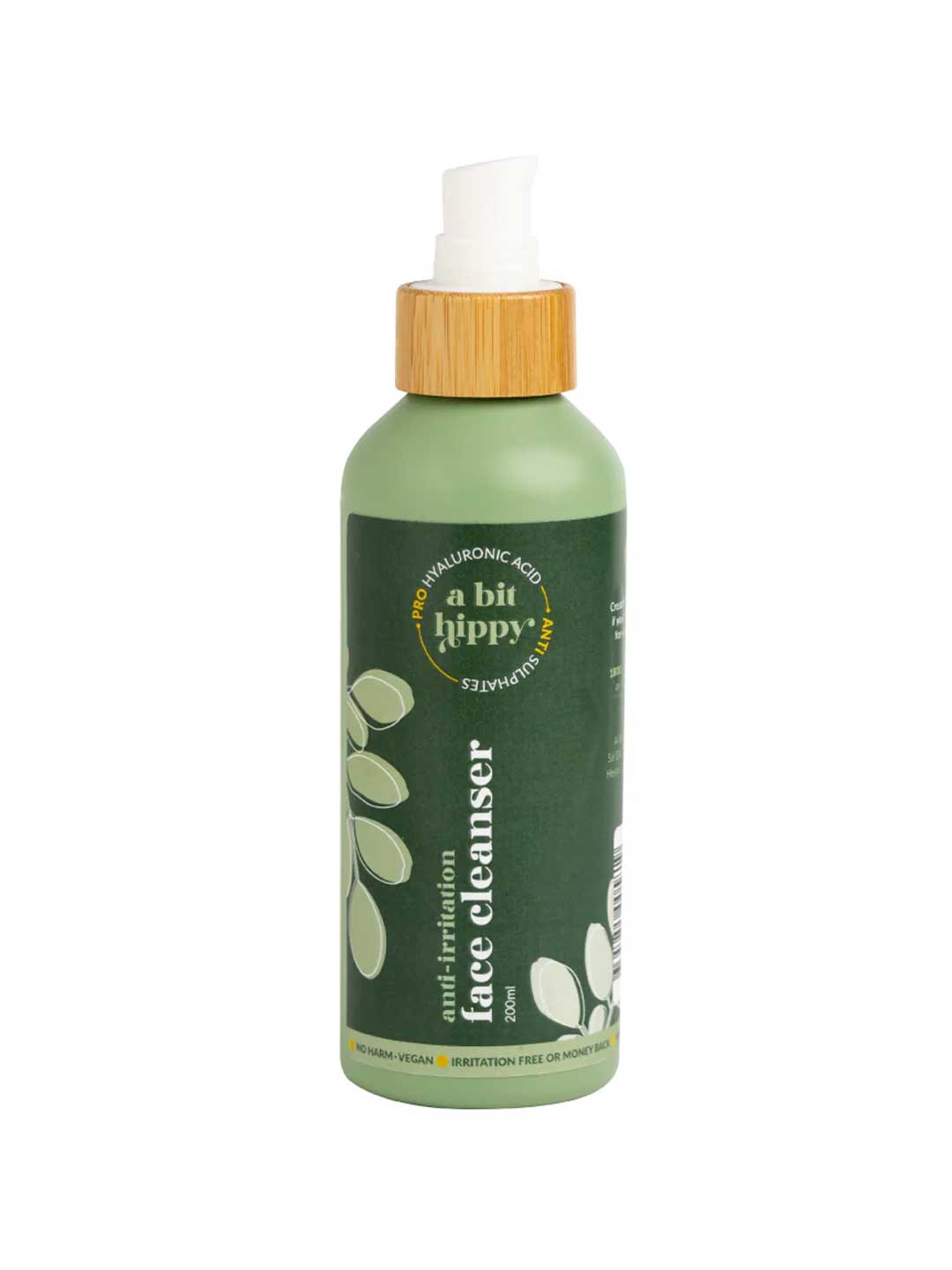 A Bit Hippy Face Cleanser 200ml by A Bit Hippy is a green bottle oil cleanser with a bamboo pump and leaf design. It features hyaluronic acid, is vegan, irritation-free, and ideal for double cleansing.