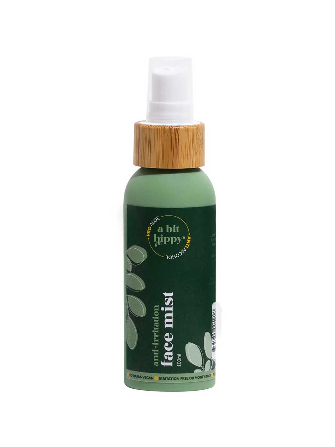 A Bit Hippy Face Mist 100ml stands upright on a white background, featuring a bamboo-look spray cap and leaf designs—a green, hydrating mist for sensitive skin and the perfect vegan skincare addition.