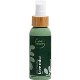 A Bit Hippy Face Mist 100ml stands upright on a white background, featuring a bamboo-look spray cap and leaf designs—a green, hydrating mist for sensitive skin and the perfect vegan skincare addition.