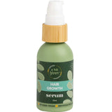 A Bit Hippy Hair Growth Serum 50ml comes in a green bottle with a pump and wooden-look collar. The label notes it's vegan, gentle on skin, and caffeine-infused.