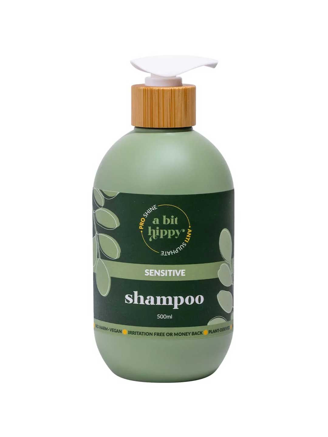 Green shampoo bottle with bamboo cap on a white background