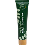 A Bit Hippy Night Cream 60g comes in a dark green tube with a wooden cap, white leaf designs, and is labeled with red algae, hyaluronic acid, and glycolic mint.