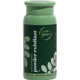 A Bit Hippy Powder Exfoliant 75g comes in a green bottle with botanical graphics, promising gentle, vegan, anti-irritation care for sensitive skin and featuring an irritation-free or money-back guarantee on the label.