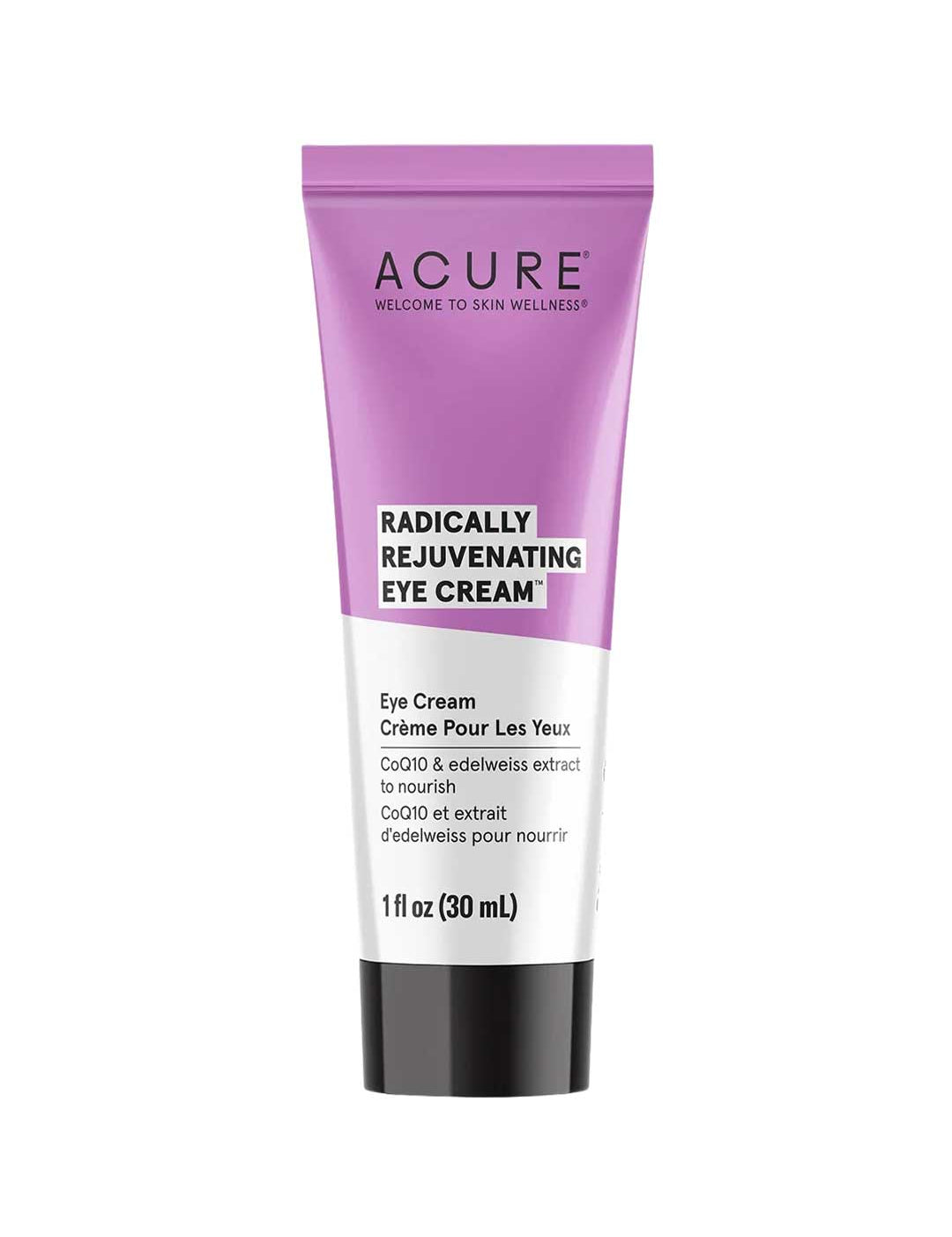 A 1 fl oz (30 mL) tube of Acure Radically Rejuvenating Eye Cream with a purple and white design, featuring natural ingredients like CoQ10 and edelweiss extract to nourish the skin around your eyes.