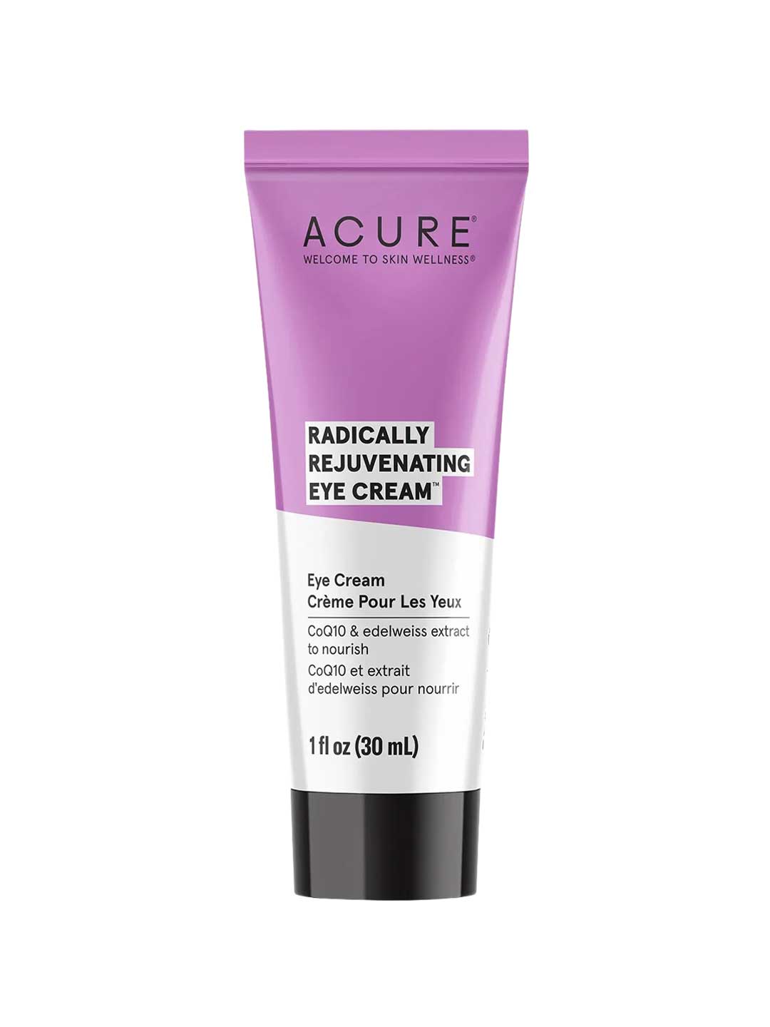 A 1 fl oz (30 mL) tube of Acure Radically Rejuvenating Eye Cream with a purple and white design, featuring natural ingredients like CoQ10 and edelweiss extract to nourish the skin around your eyes.