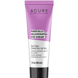 A 1 fl oz (30 mL) tube of Acure Radically Rejuvenating Eye Cream with a purple and white design, featuring natural ingredients like CoQ10 and edelweiss extract to nourish the skin around your eyes.