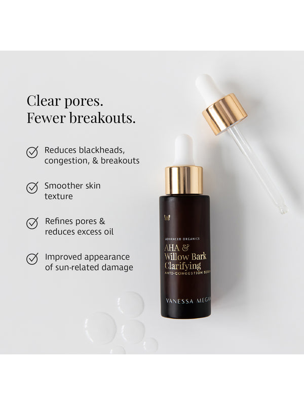 Clear pores benefits panel for Vanessa Megan AHA and Willow Bark Serum