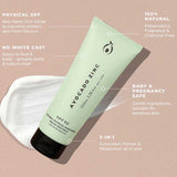 A tube of Avocado Zinc SPF50 Natural Physical Face Sunscreen 100ml on a beige background with a white cream smear. Features: physical SPF, 100% natural, no white cast, safe for babies and pregnancy, plus works as sunscreen, primer & moisturizer.