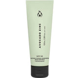 A light green tube labeled "Avocado Zinc SPF50 Natural Physical Face Sunscreen 100ml," featuring a black cap, minimalist design, broad spectrum protection, and 100 mL of natural sunscreen.