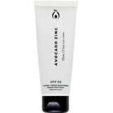The Avocado Zinc SPF 50 Natural Tinted Moisturiser 50ml is a white upright tube with black text and cap, combining natural facial sunscreen and tinted coverage for face care.