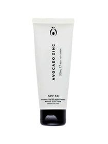The Avocado Zinc SPF 50 Natural Tinted Moisturiser 50ml is a white upright tube with black text and cap, combining natural facial sunscreen and tinted coverage for face care.