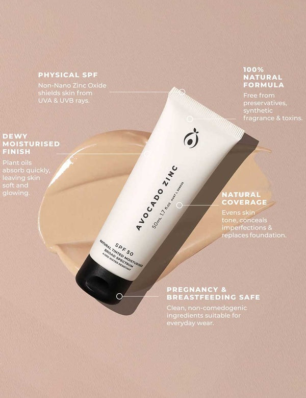 Avocado Zinc SPF50 Natural Tinted Moisturiser tube surrounded by product benefit and coverage callouts.