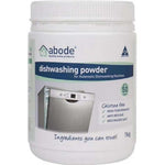 A 1kg white container of Abode Auto Dishwashing Powder for automatic dishwashers, featuring a dishwasher image and "Ingredients you can trust!" plus product benefits on the label.