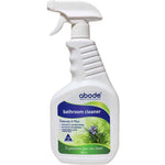 A 750ml white spray bottle of Abode Bathroom Cleaner Rosemary & Mint with a green and blue label featuring rosemary and mint graphics, naturally antibacterial, and made in Australia.