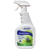 A 750ml white spray bottle of Abode Bathroom Cleaner Rosemary & Mint with a green and blue label featuring rosemary and mint graphics, naturally antibacterial, and made in Australia.