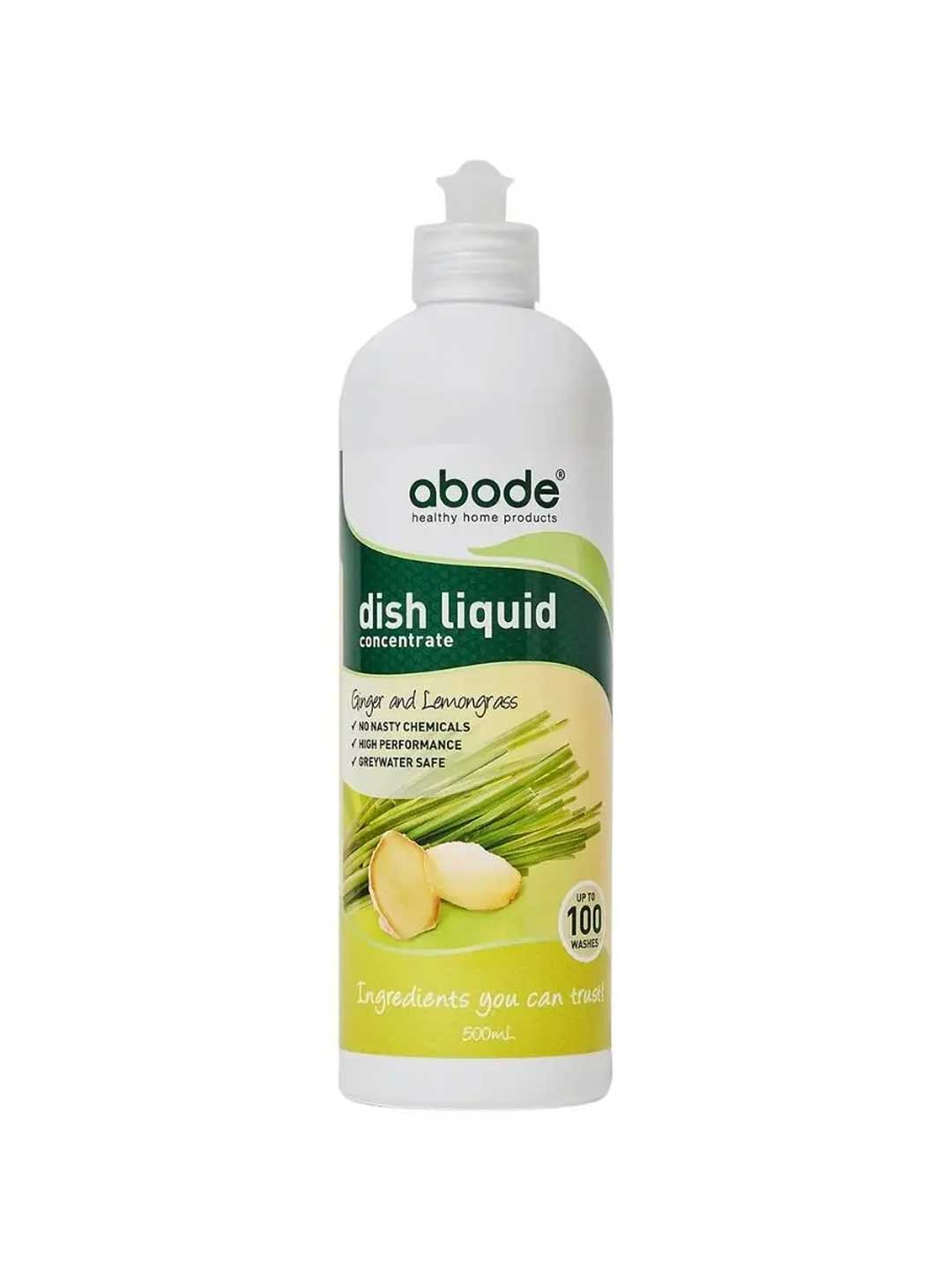 Abode Dishwashing Liquid Ginger & Lemongrass, 500mL, is an ultra-concentrated, high-performance formula in a white bottle. It’s naturally fragranced, greywater safe, and free from harmful chemicals.