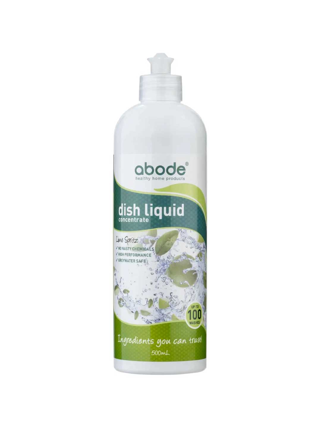 Abode Dishwashing Liquid Lime Spritz comes in a 500ml white bottle with green accents, featuring a convenient flip-top cap. Its chemical-free formula and natural lime fragrance deliver safe and effective cleaning.