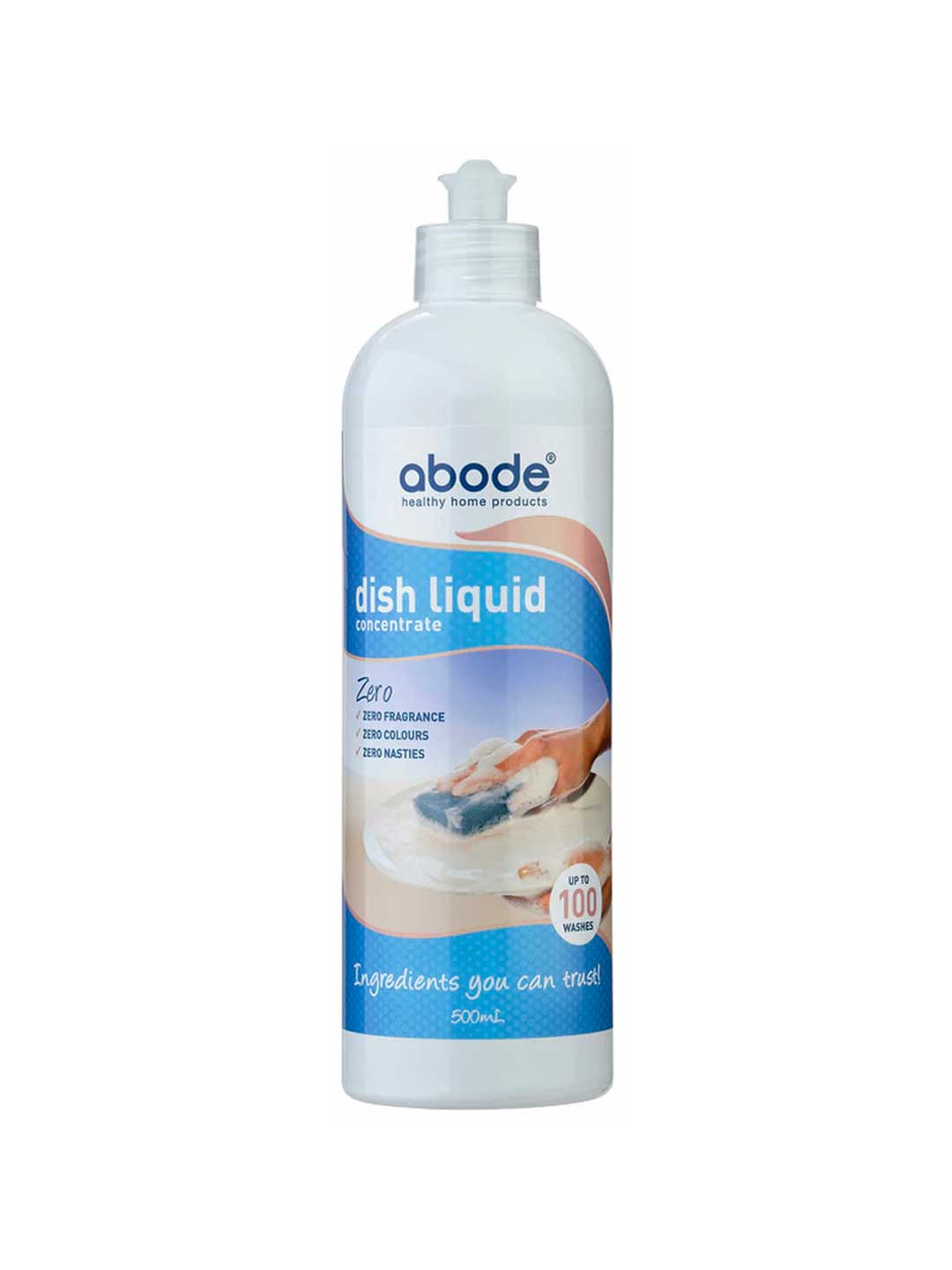 A 500mL bottle of Abode Dishwashing Liquid Zero - Fragrance Free features a blue and white label showing a hand washing a dish, and highlights its ultra-concentrated formula with no fragrance, no colors, and no harsh chemicals.