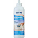 A 500mL bottle of Abode Dishwashing Liquid Zero - Fragrance Free features a blue and white label showing a hand washing a dish, and highlights its ultra-concentrated formula with no fragrance, no colors, and no harsh chemicals.