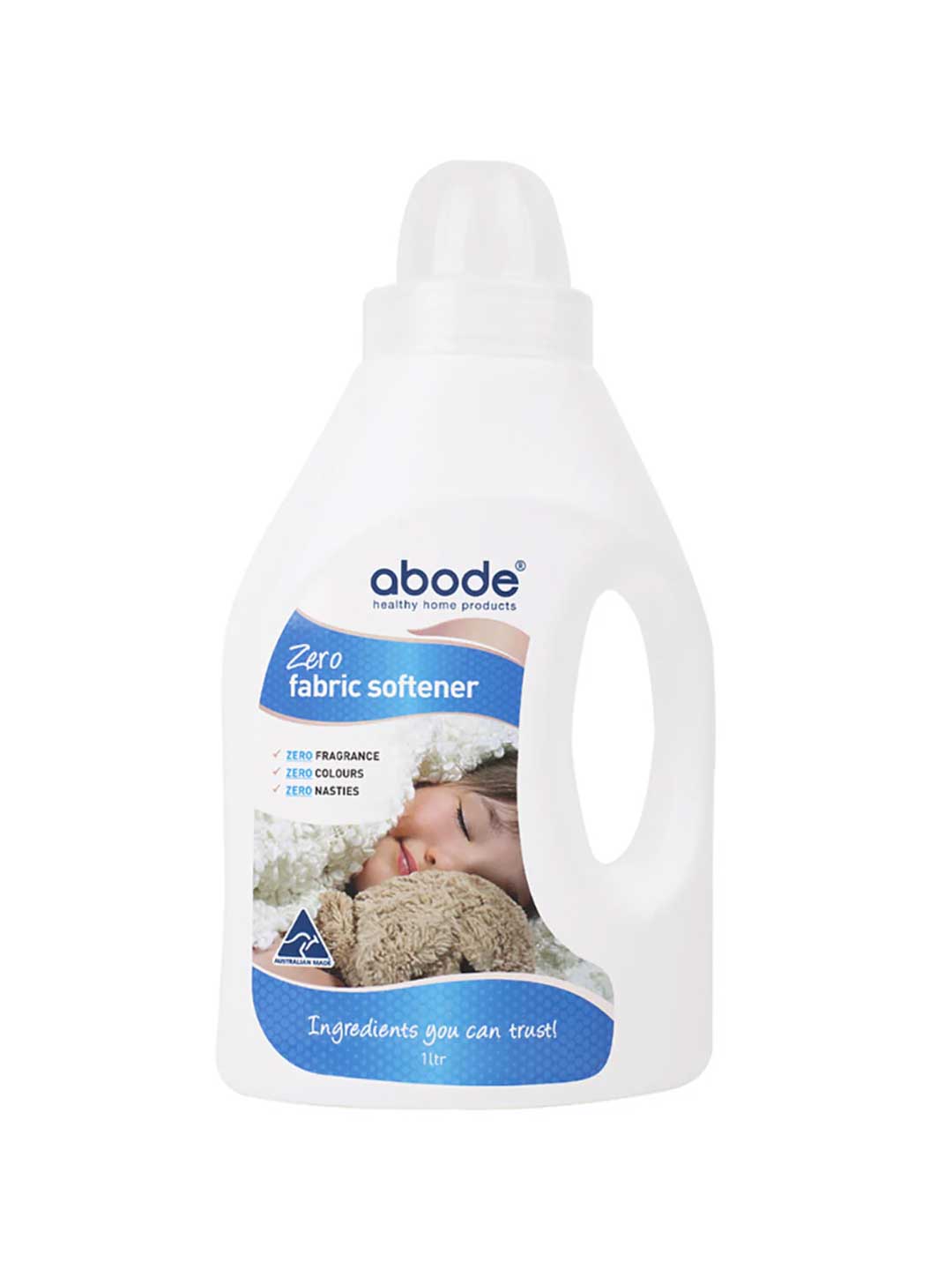 A white bottle of Abode Fabric Softener Zero - Fragrance Free shows a label with a sleeping baby wrapped in a blanket. It’s plant-based, ideal for sensitive skin, and made with “zero nasties” and “ingredients you can trust.”.