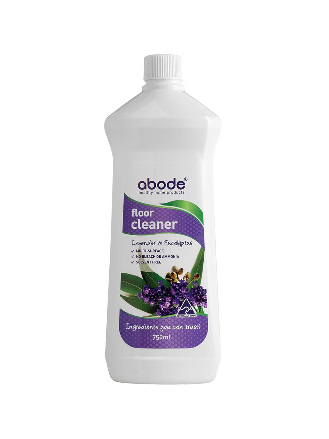 A 750ml white bottle of Abode Floor Cleaner Lavender and Eucalyptus with a purple label; this plant-based, multi-surface cleaner is non-citrus, ammonia- and solvent-free, with lavender and eucalyptus scents.