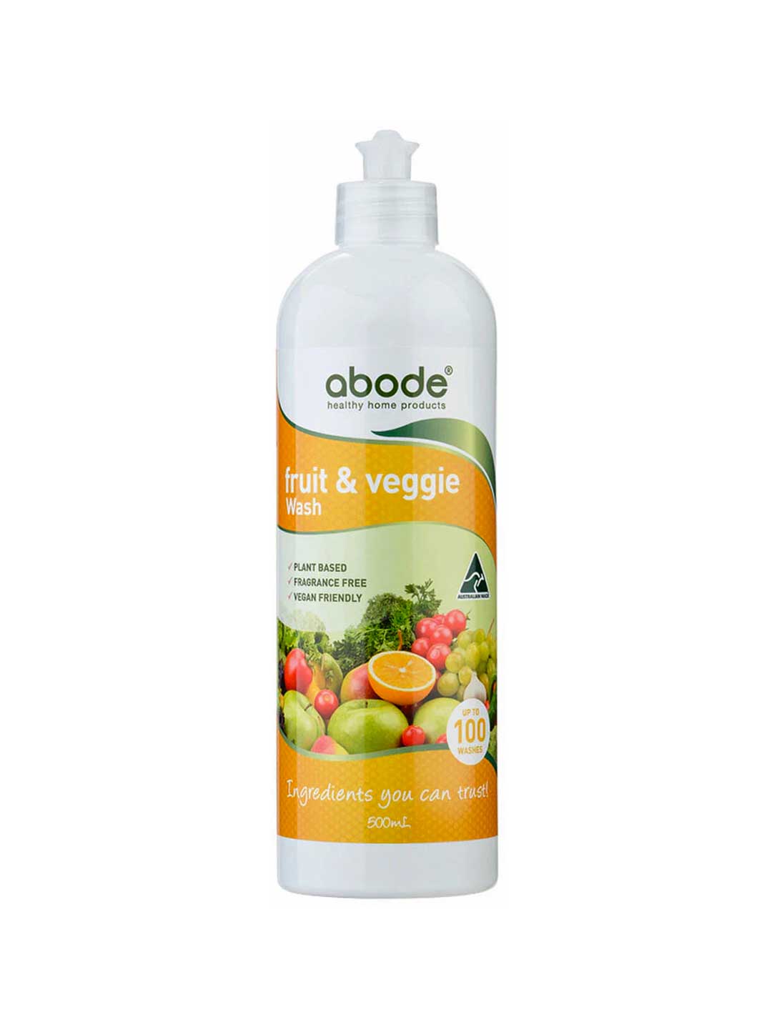 A 500 mL white bottle of Abode Fruit and Vegetable Wash with an orange label featuring fruits and veggies. This plant-based, fragrance-free, vegan-friendly wash uses natural ingredients to remove pesticides.