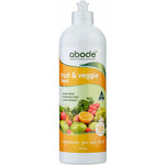 A 500 mL white bottle of Abode Fruit and Vegetable Wash with an orange label featuring fruits and veggies. This plant-based, fragrance-free, vegan-friendly wash uses natural ingredients to remove pesticides.