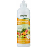 A 500 mL white bottle of Abode Fruit and Vegetable Wash with an orange label featuring fruits and veggies. This plant-based, fragrance-free, vegan-friendly wash uses natural ingredients to remove pesticides.