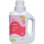 A 1-liter white bottle of Abode Laundry Liquid Baby with a pink label, handle, and measuring cap. This gentle, high-performance formula is specially made for sensitive skin.