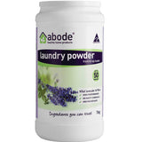 A 1kg white container of Abode Laundry Powder Lavender & Mint, featuring a lavender image and stating “Wild Lavender & Mint,” “No nasty chemicals,” “50 washes,” and “Ingredients you can trust” on the label.