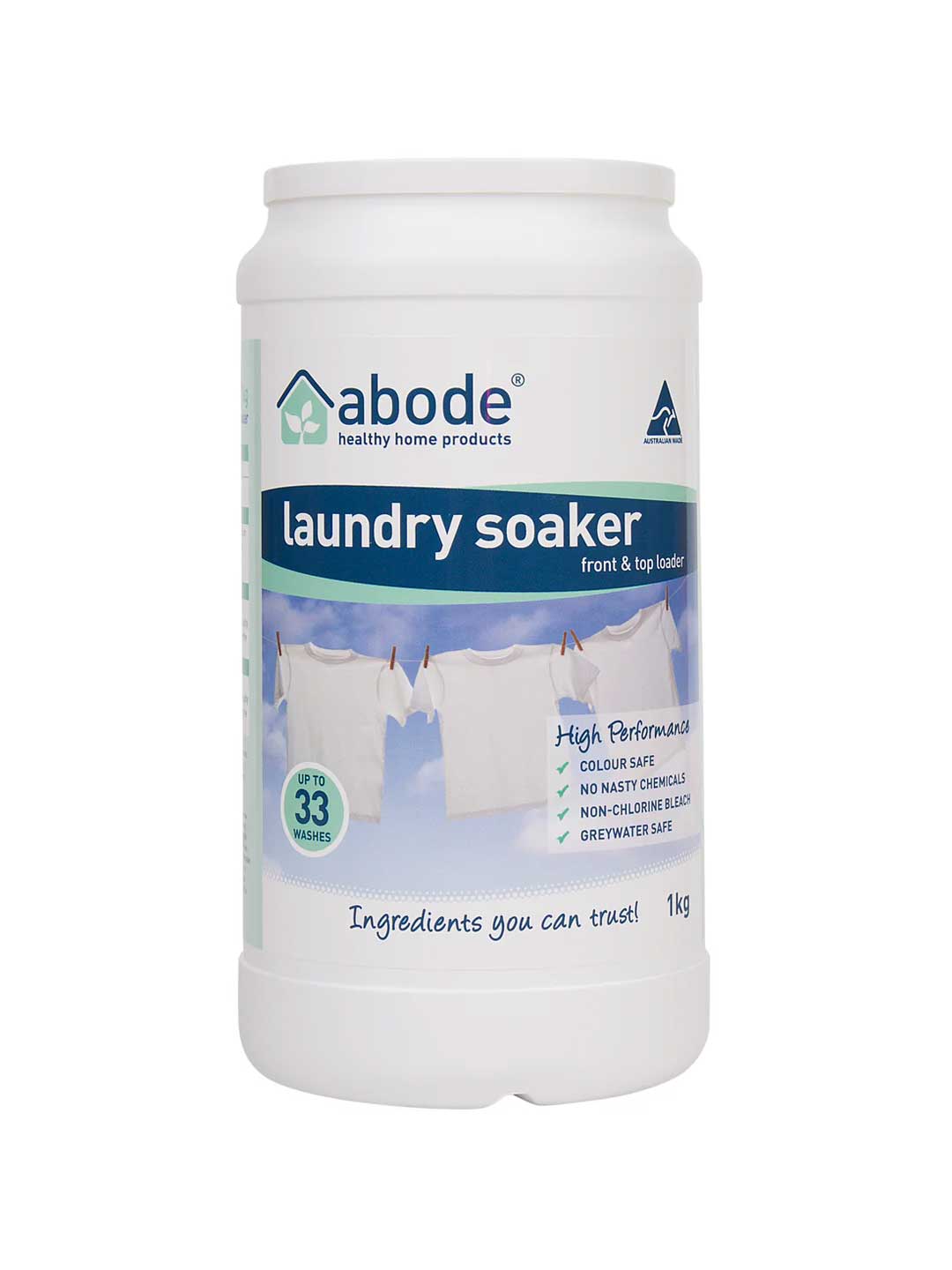 A white container of Abode Laundry Soaker High Performance with a blue label showing laundry on a clothesline. The text highlights plant-based, high-performance cleaning and powerful stain removal for up to 33 washes.