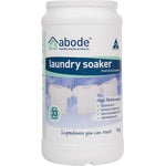 A white container of Abode Laundry Soaker High Performance with a blue label showing laundry on a clothesline. The text highlights plant-based, high-performance cleaning and powerful stain removal for up to 33 washes.