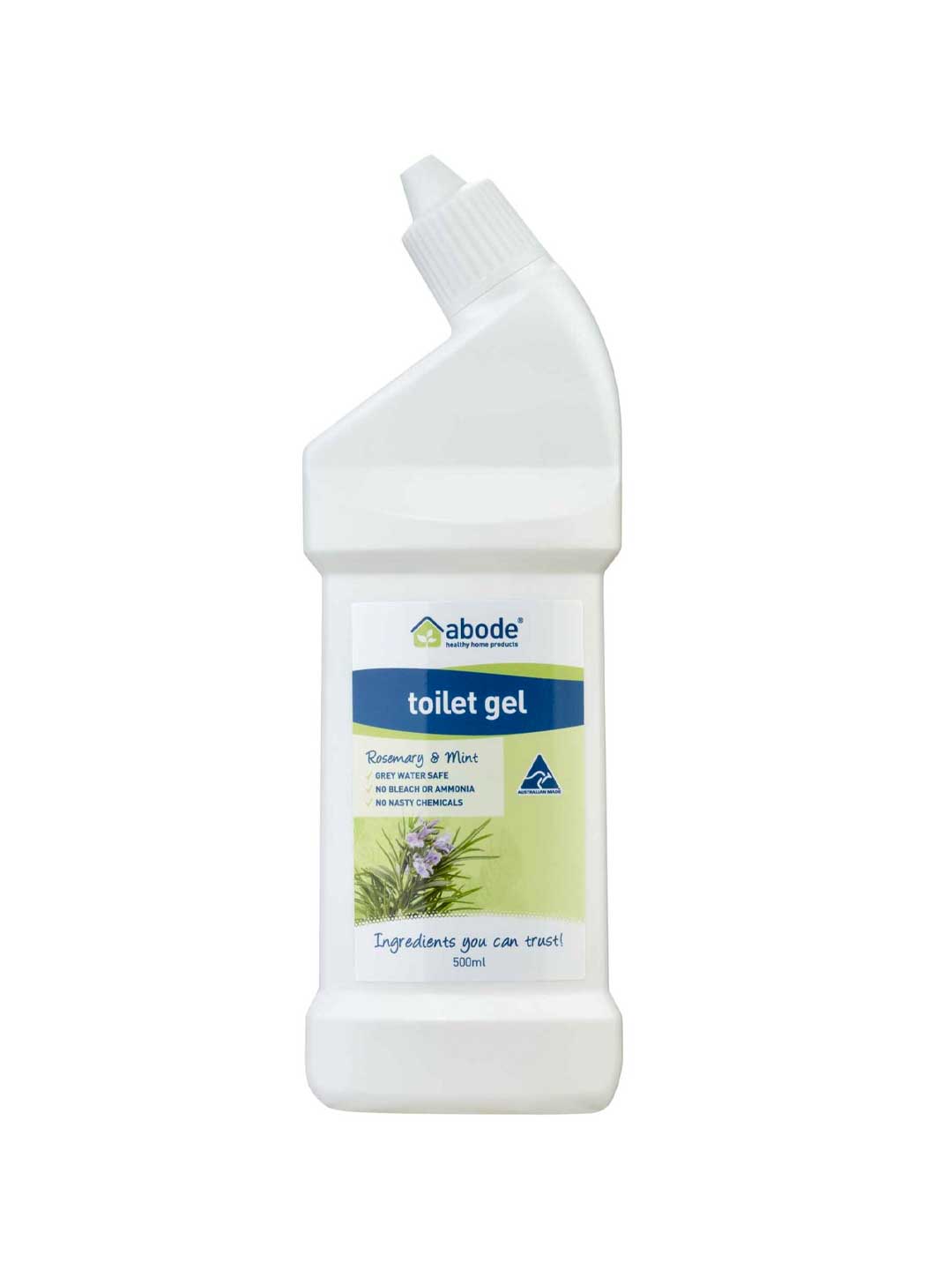 A 500ml white bottle of Abode Toilet Gel Rosemary and Mint with a slanted nozzle. The label shows rosemary and mint and notes this natural cleaner contains no nasty chemicals.