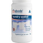 A white 1kg container of Abode Zero Laundry Soaker - Fragrance Free, made for sensitive users, removes stains in front and top loaders, and features an image of clothes hanging on a line.