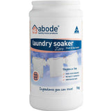 A white 1kg container of Abode Zero Laundry Soaker - Fragrance Free, made for sensitive users, removes stains in front and top loaders, and features an image of clothes hanging on a line.