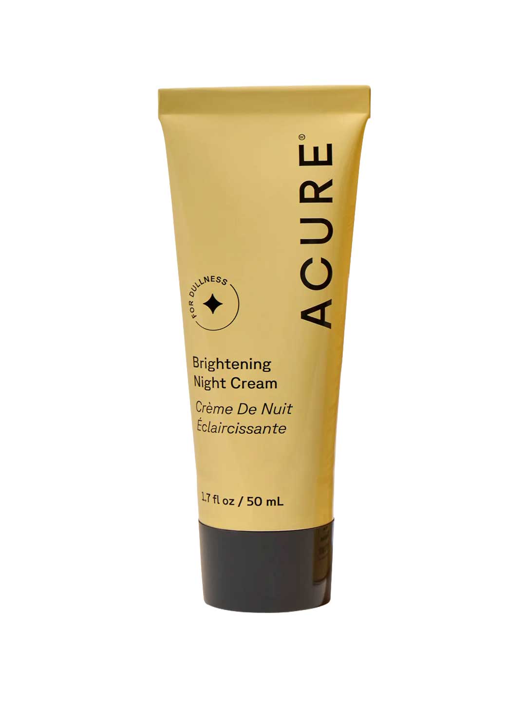 A yellow tube of Acure Brightening Night Cream 50ml with black text stands upright against a white background—perfect for anyone looking to target uneven skin tone overnight.