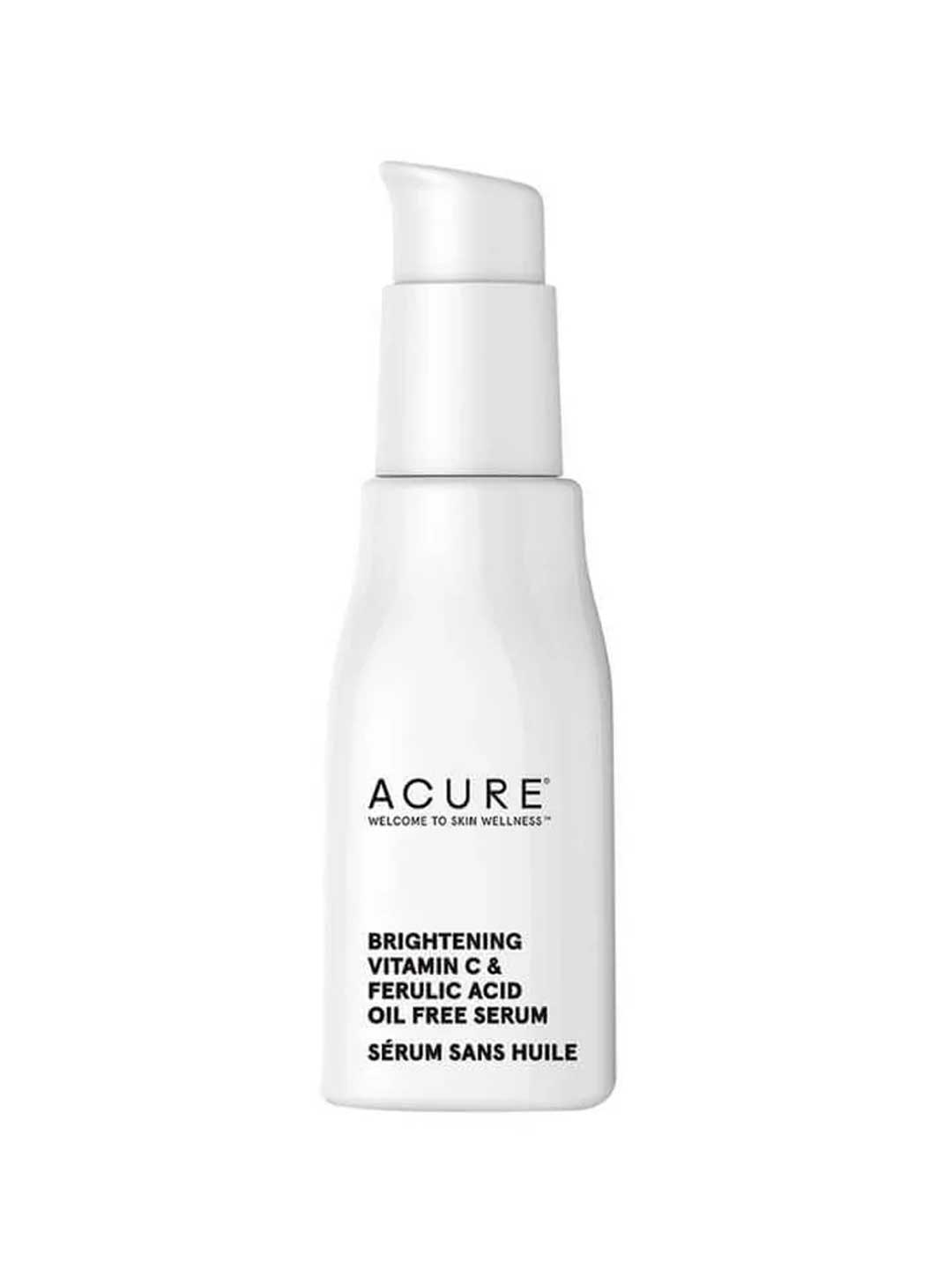 A white pump bottle of Acure Brightening Vit C & Ferulic Acid Oil Free Serum 30ml, featuring bold black text and a minimalist design on the front.