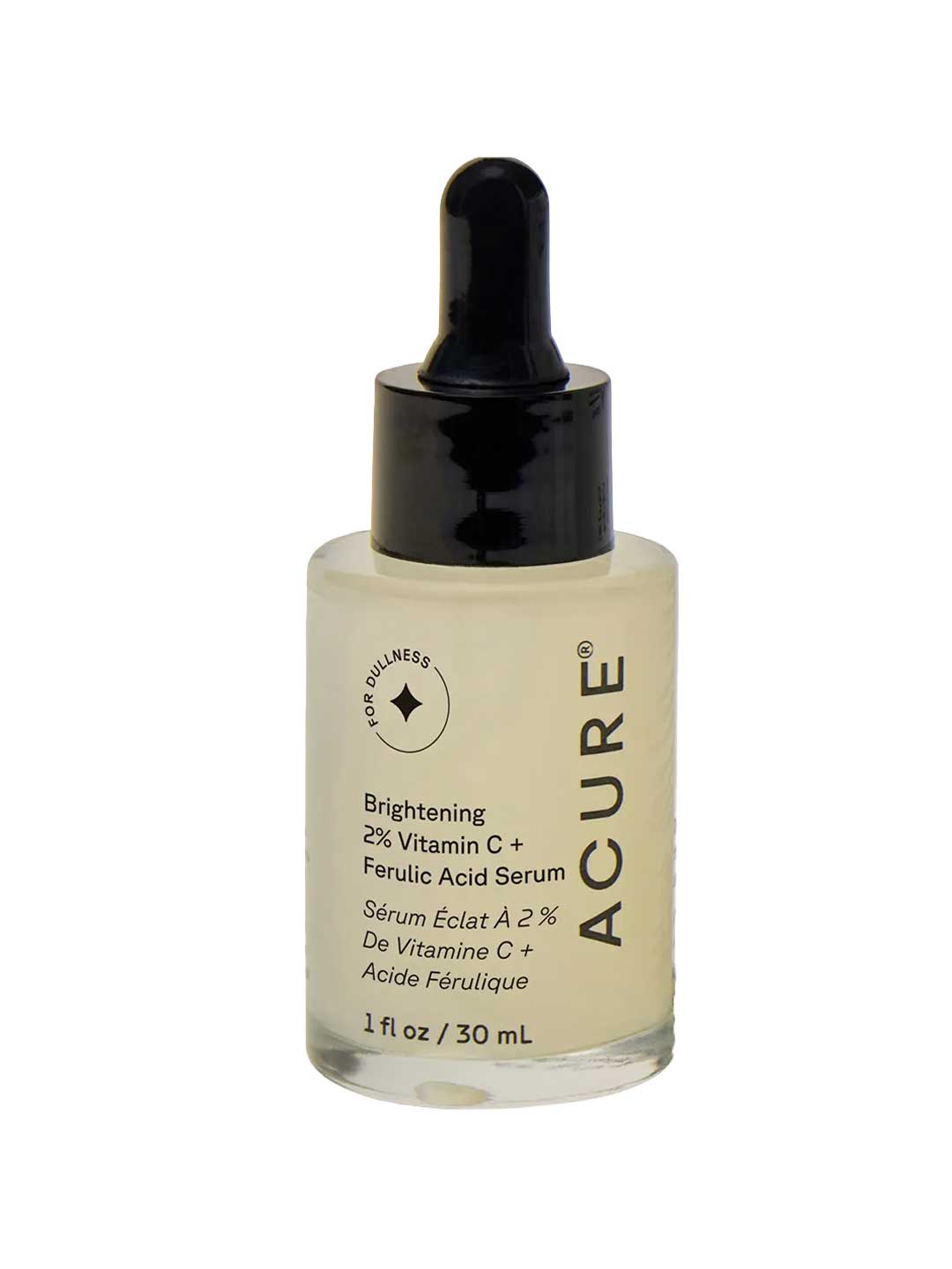 A clear dropper bottle with black cap labeled Acure Brightening 2% Vitamin C & Ferulic Acid Serum 30ml, designed to target dullness and brighten skin.