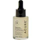 A clear dropper bottle with black cap labeled Acure Brightening 2% Vitamin C & Ferulic Acid Serum 30ml, designed to target dullness and brighten skin.