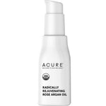 A white pump bottle of Acure Radically Rejuvenating Rose Argan Oil 30ml, featuring a USDA Organic seal, ideal as an organic face oil or versatile hair serum, is shown against a plain background.