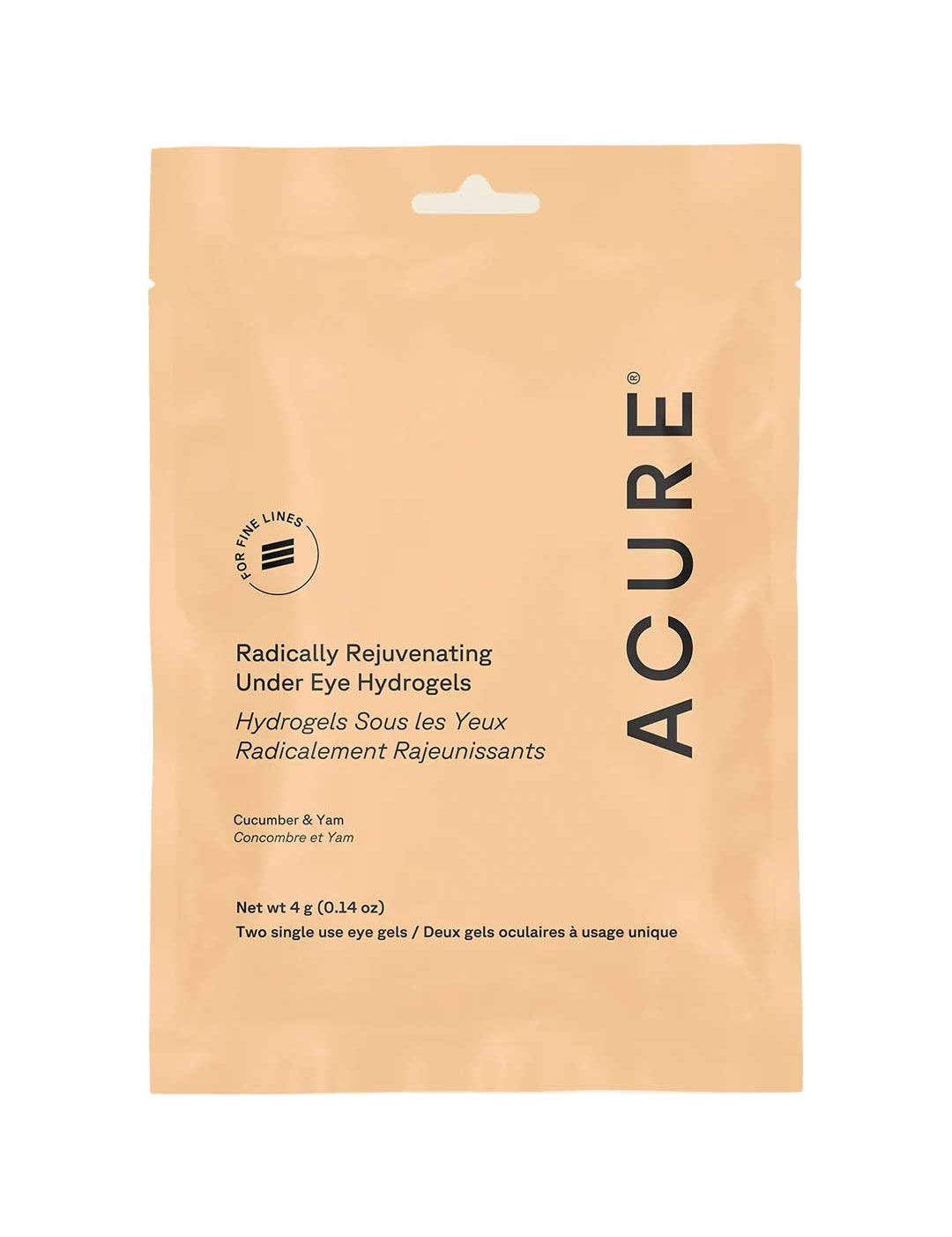 The Acure Radically Rejuvenating Under Eye Hydrogels 4g comes in minimal beige, rectangular packaging with English and French text, featuring cucumber and yam for effective under eye care.
