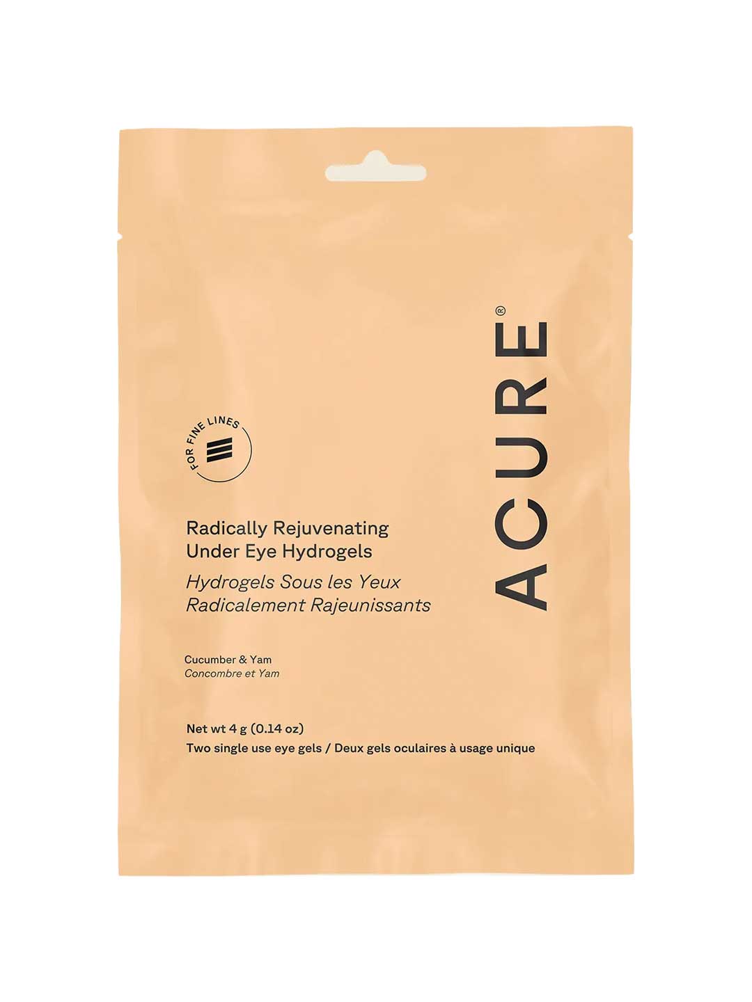 The Acure Radically Rejuvenating Under Eye Hydrogels 4g comes in minimal beige, rectangular packaging with English and French text, featuring cucumber and yam for effective under eye care.